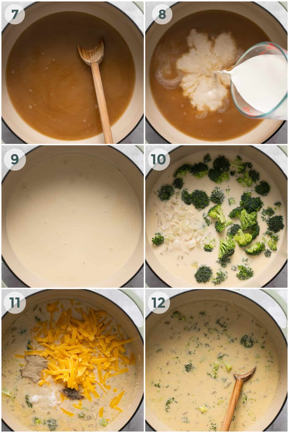 steps 7-12 of making cheddar broccoli soup