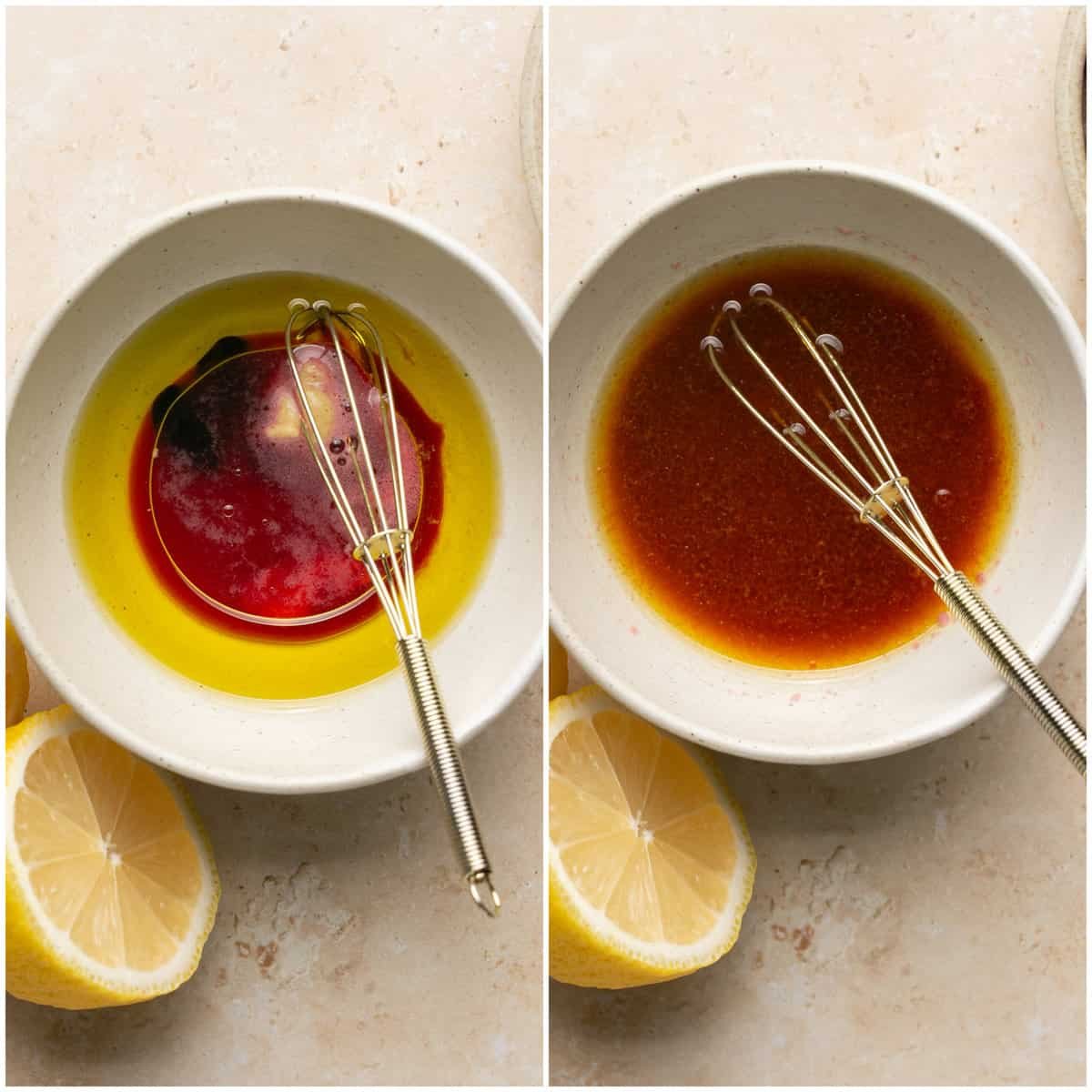 two steps of preparing pomegranate salad dressing