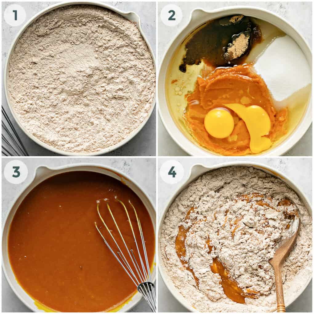 first four steps of preparing pumpkin muffins