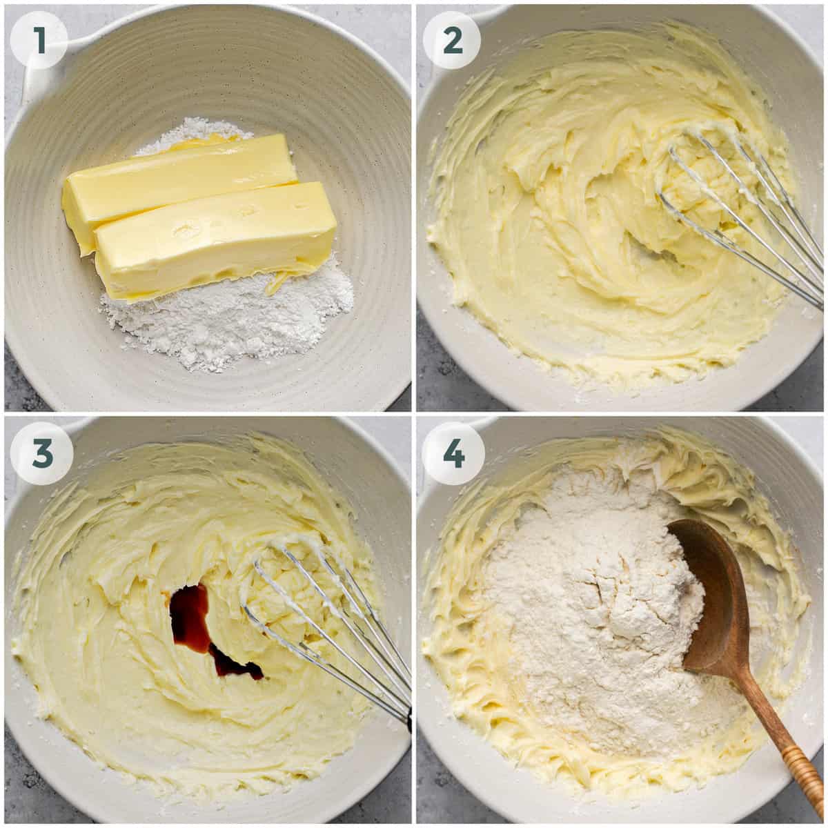 first four steps of preparing snowball cookies