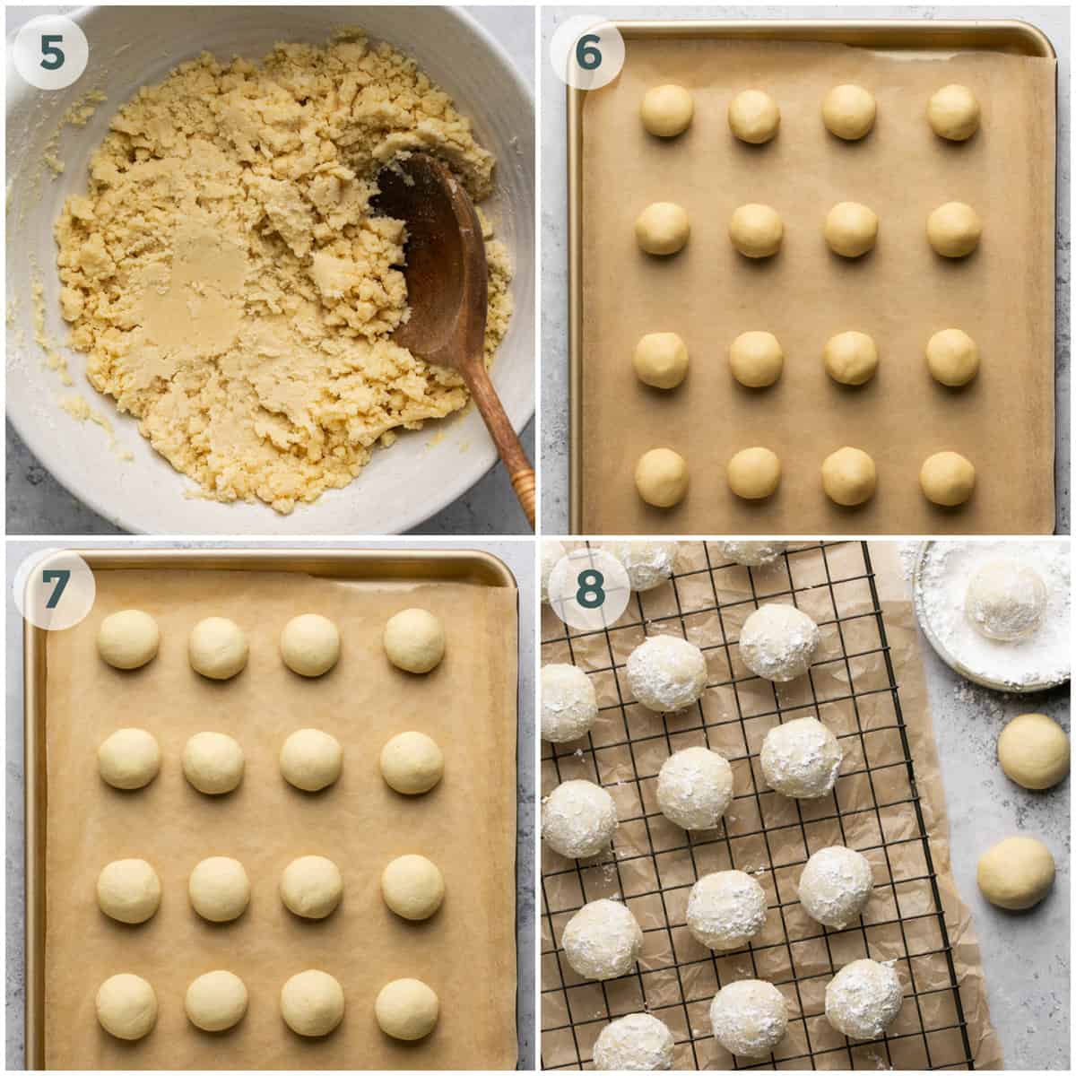 final four steps of preparing snowball cookies