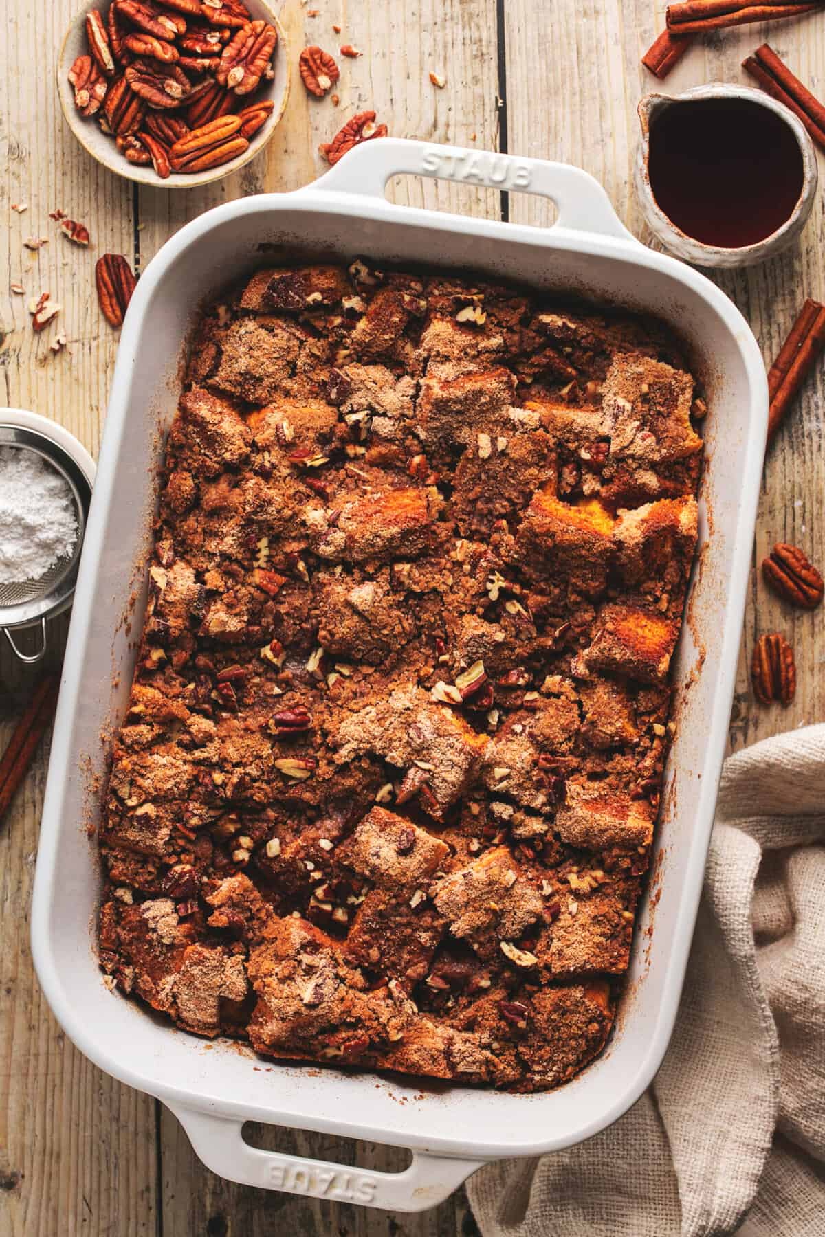 overhead view of baked french toast casserole