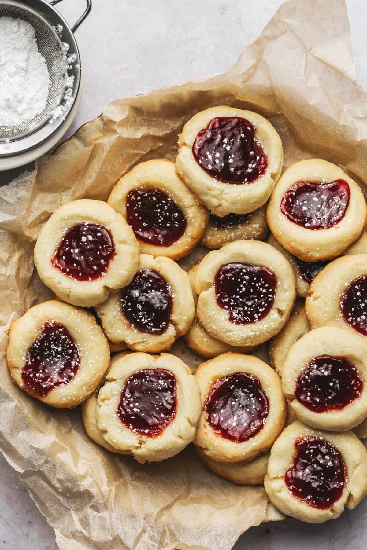 parchment lined platter with thumbprint cookies