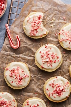 overhead view of peppermint cookies on parchment paper