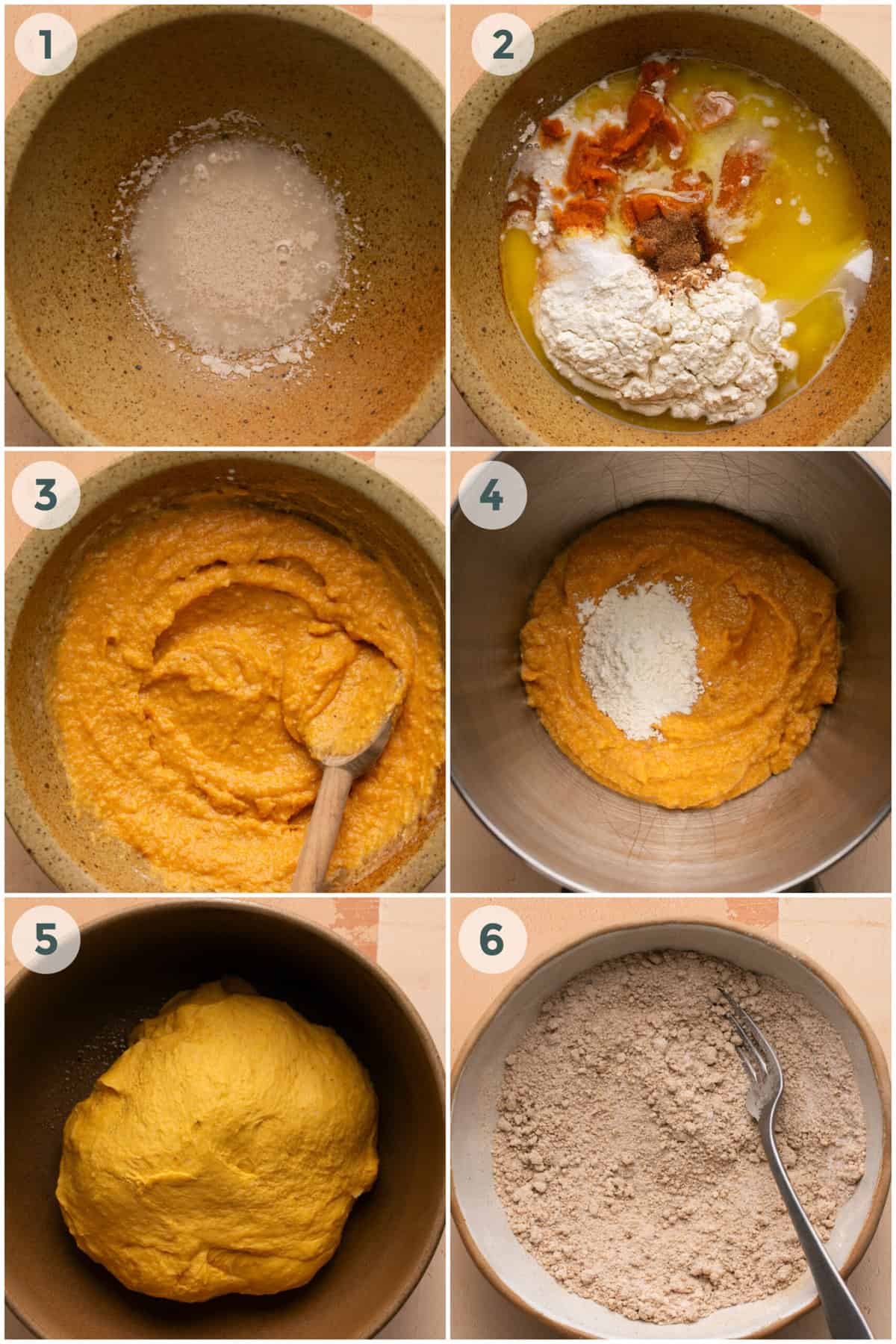 steps 1-6 of preparing pumpkin cinnamon rolls recipe