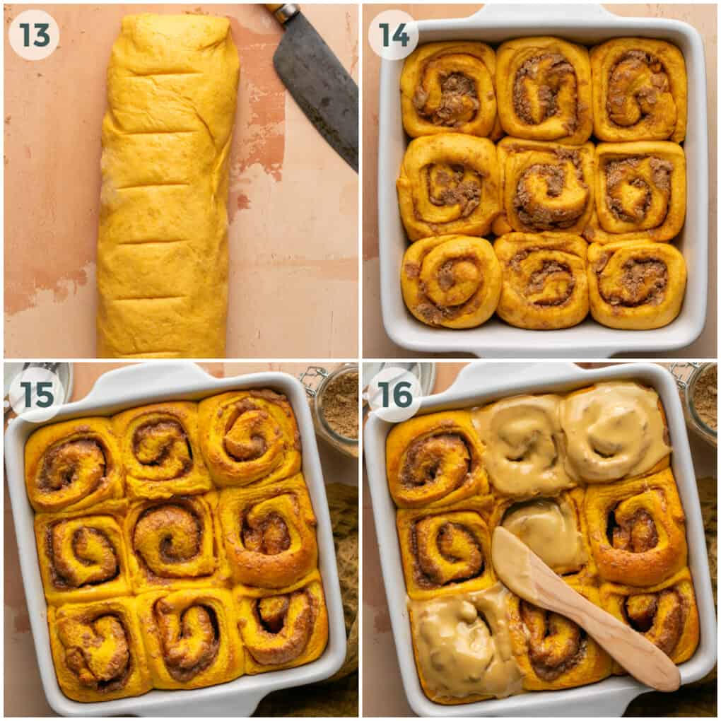 steps 13-16 of preparing pumpkin cinnamon rolls recipe