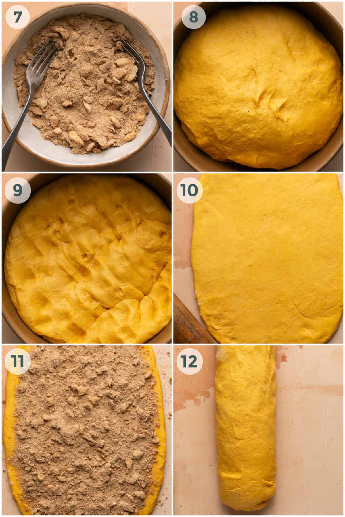 steps 7-12 of preparing pumpkin cinnamon rolls recipe