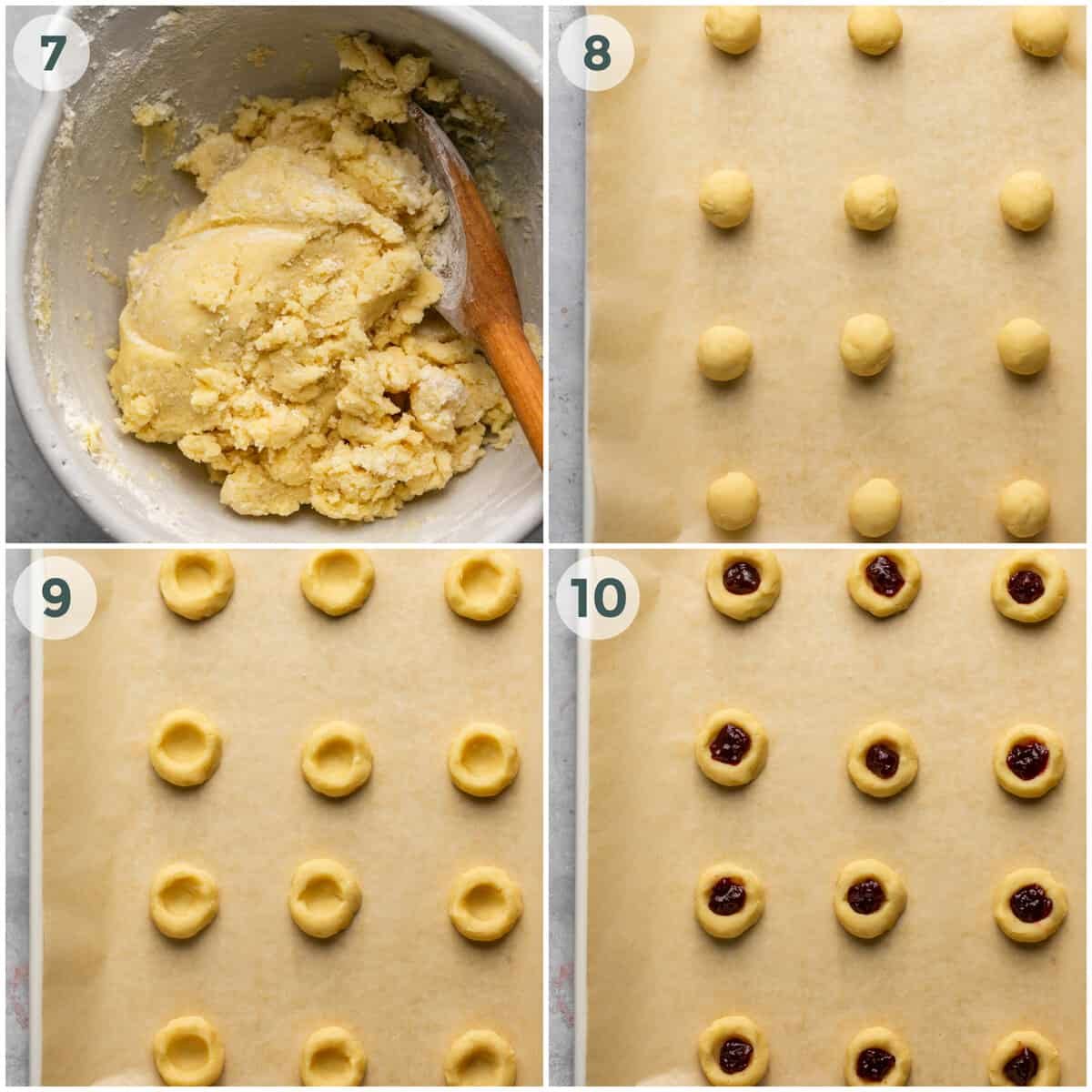 steps 7-10 of preparing thumbprint cookies