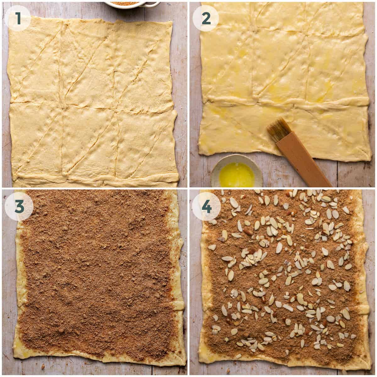 steps 1-4 of preparing crescent roll cinnamon roll recipe