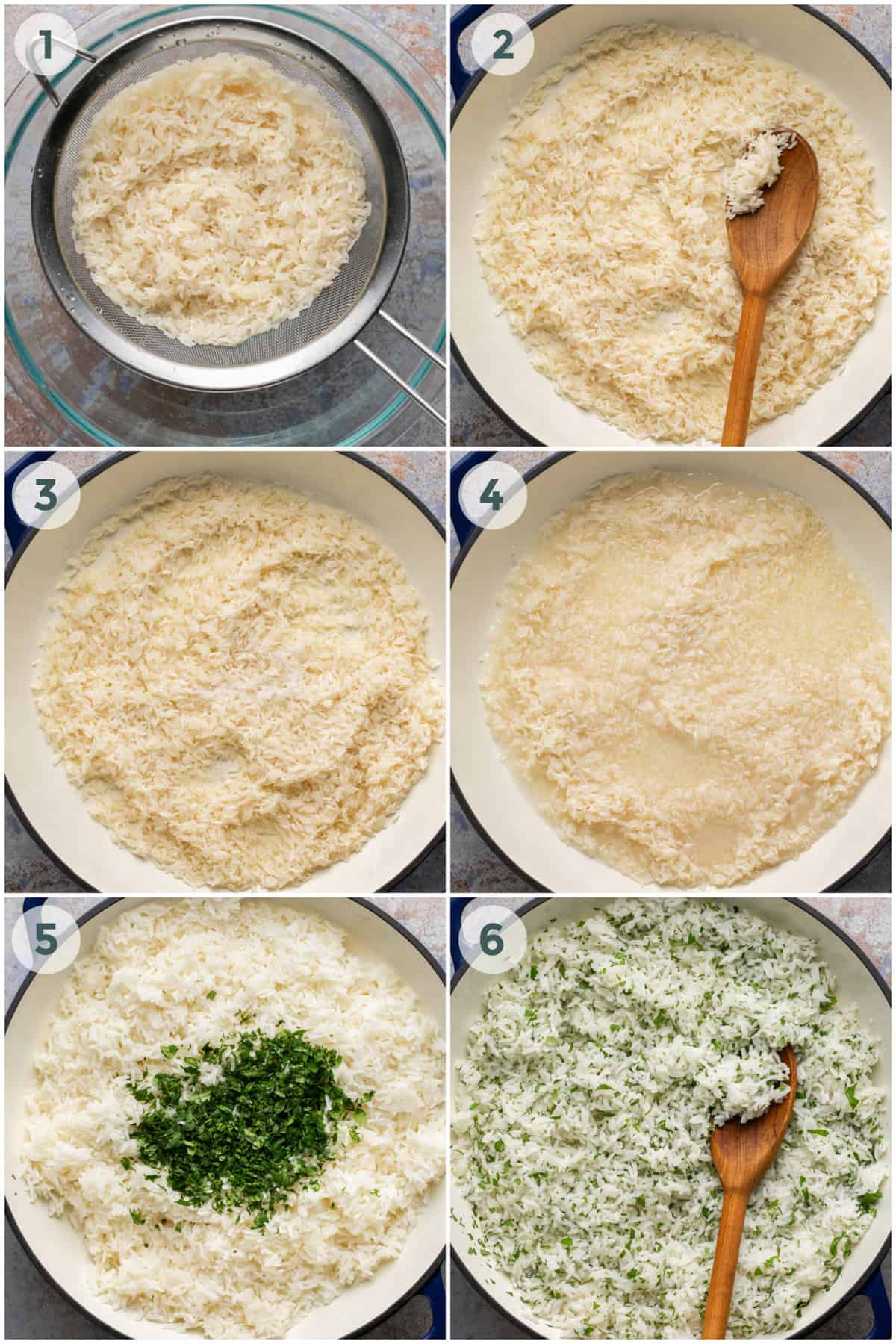 six steps of preparing cilantro lime rice