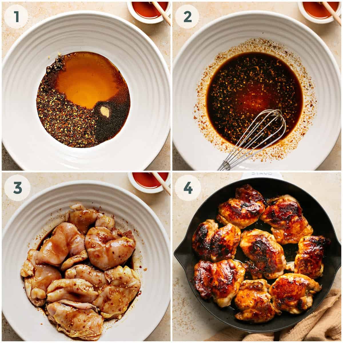 steps 1-4 of preparing honey garlic chicken thighs recipe
