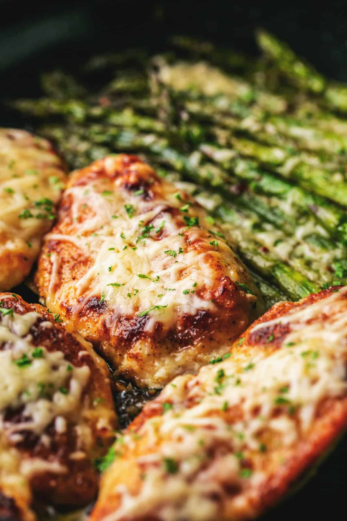 up close seared chicken breast topped with melted parmesan cheese