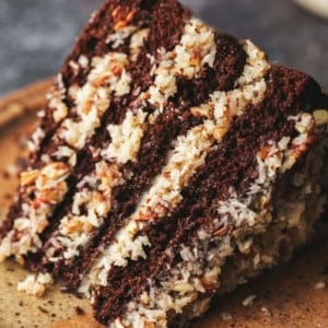 single slice of cake with coconut frosting on plate