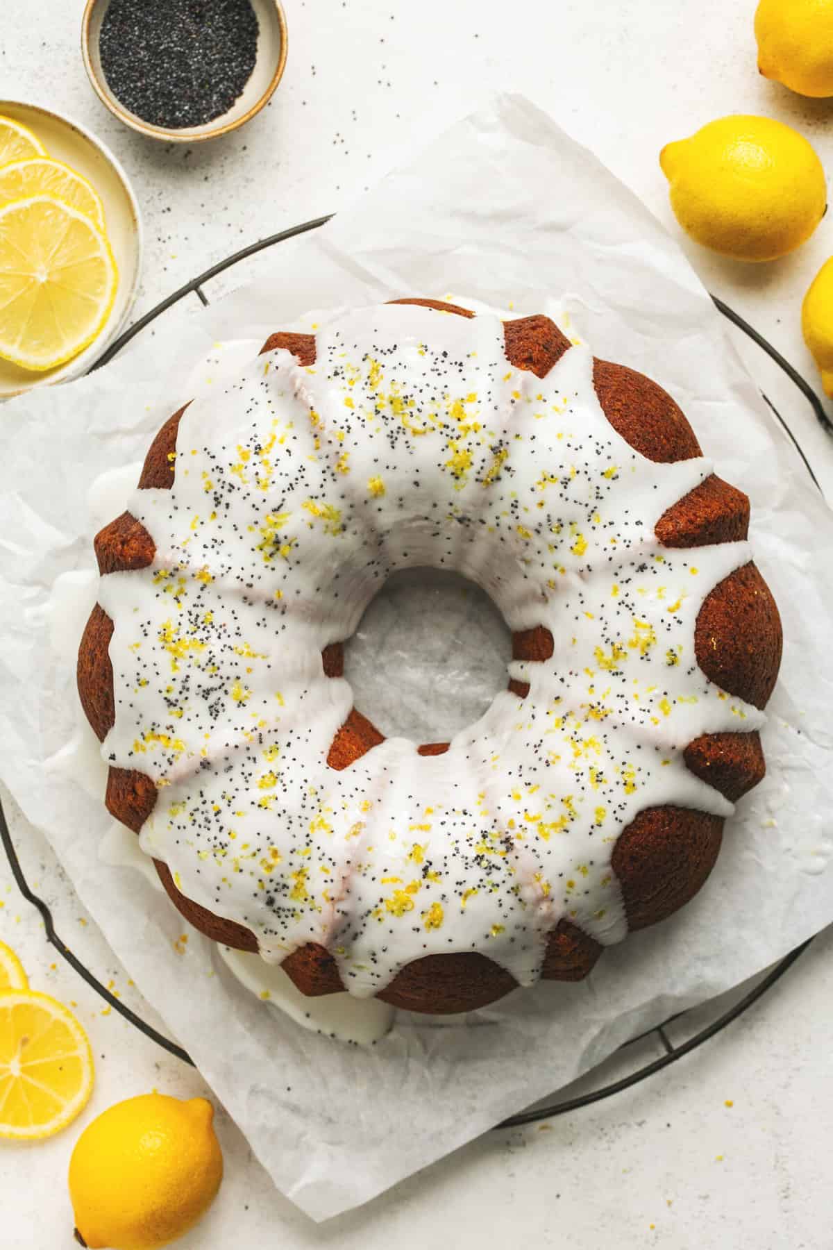 overhead view of bundt cake with glaze