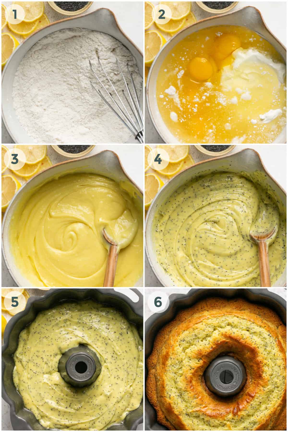 steps 1-6 for lemon poppy seed cake recipe