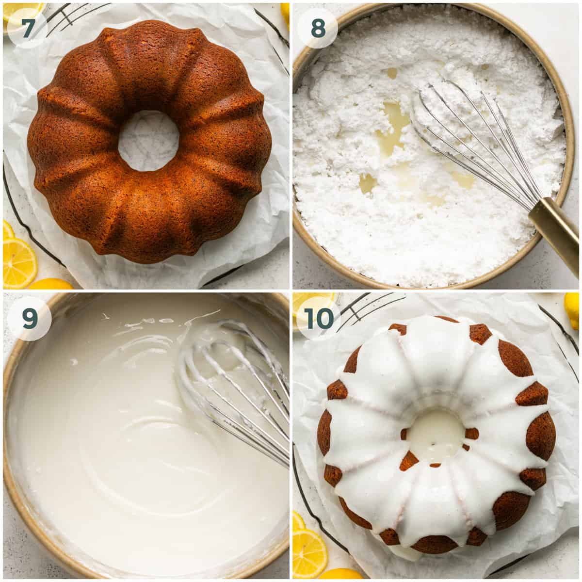 steps 7-10 for lemon poppy seed cake recipe