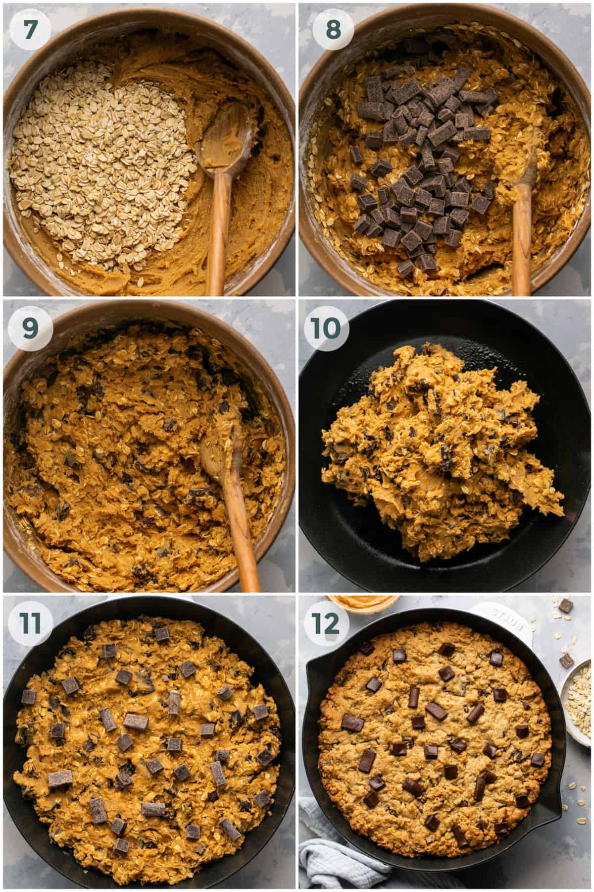 steps 7-12 of preparing skillet cookie recipe