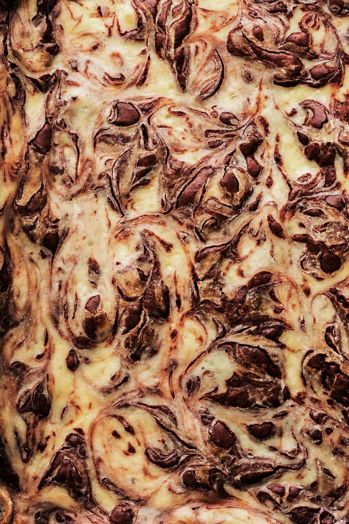 close up view of top of cheesecake swirled brownies uncut