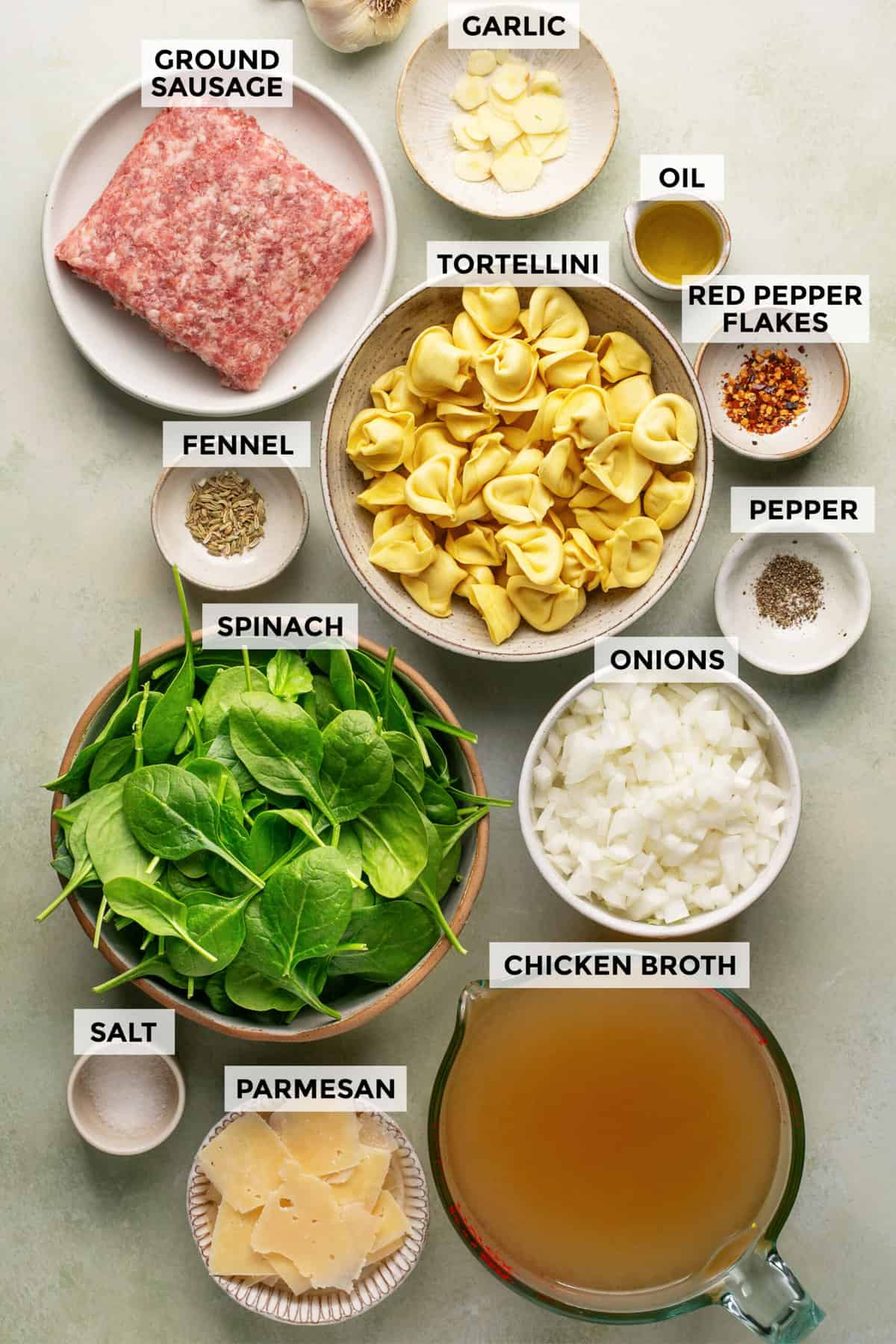 ingredients for tortellini soup with sausage and spinach