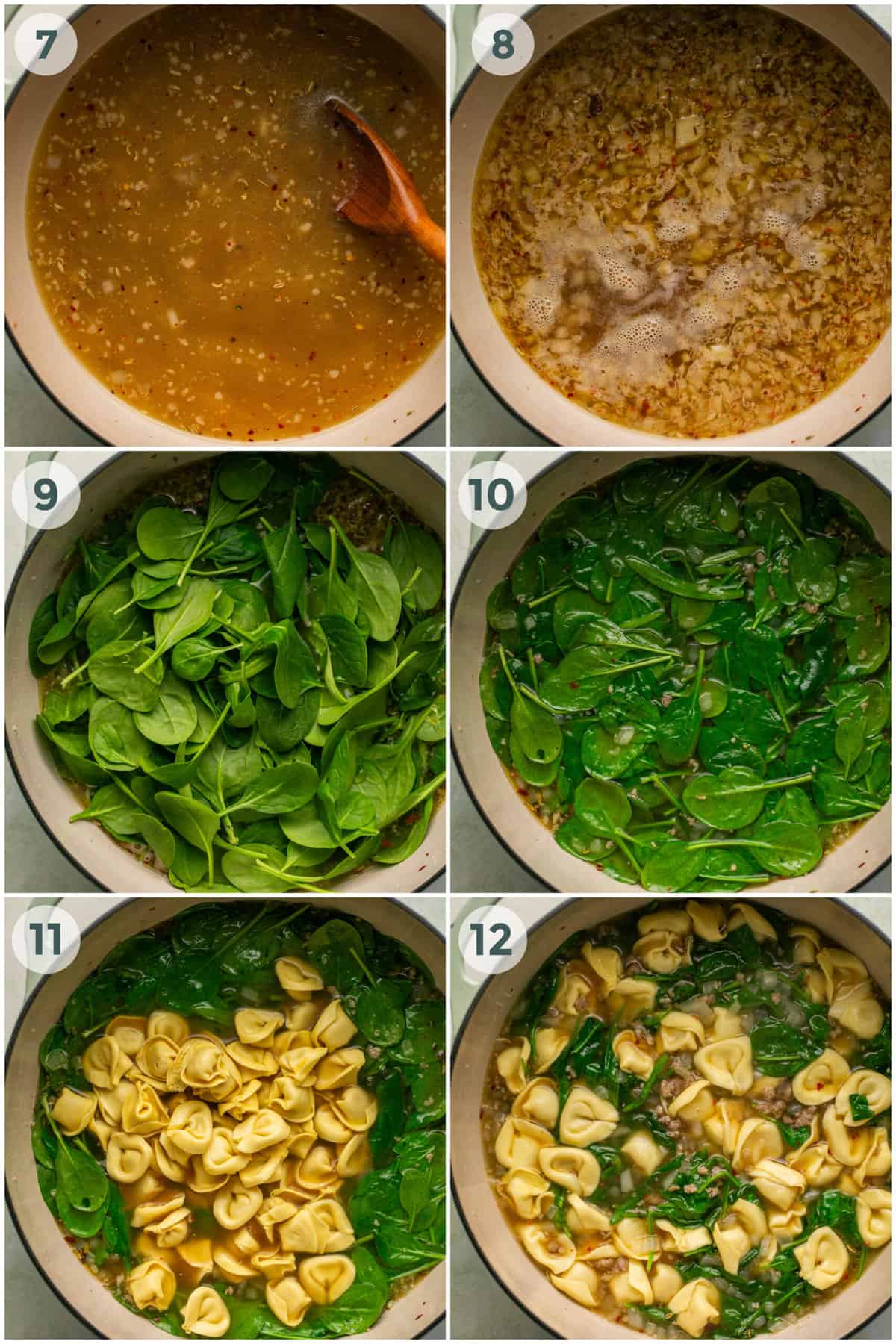 steps 7-12 for preparing sausage tortellini spinach soup