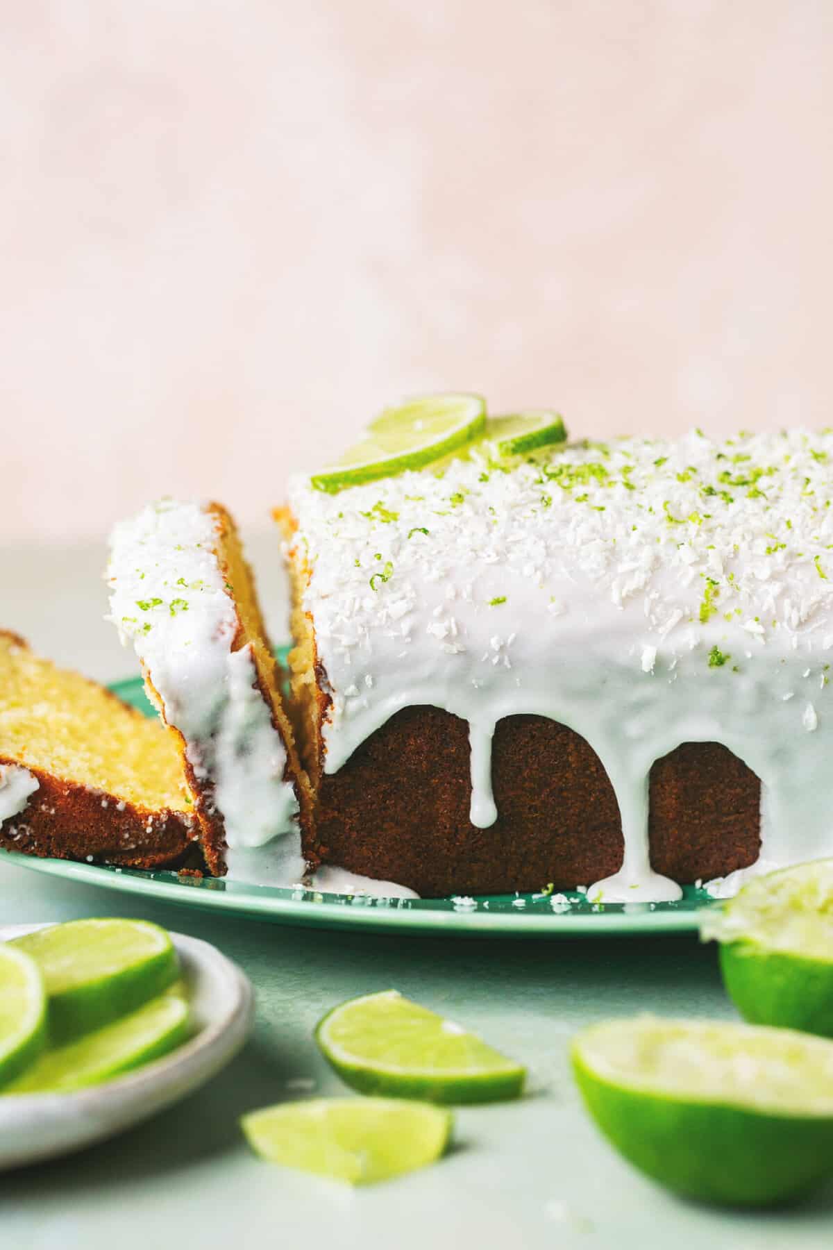 pound cake with icing and lime slices 