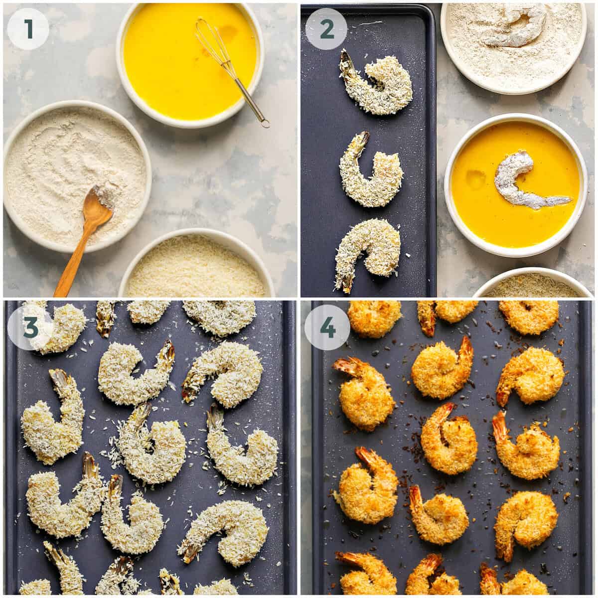 steps 1-4 for baked coconut shrimp recipe.