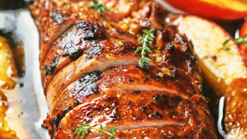 pork tenderloin with glaze and apples up close