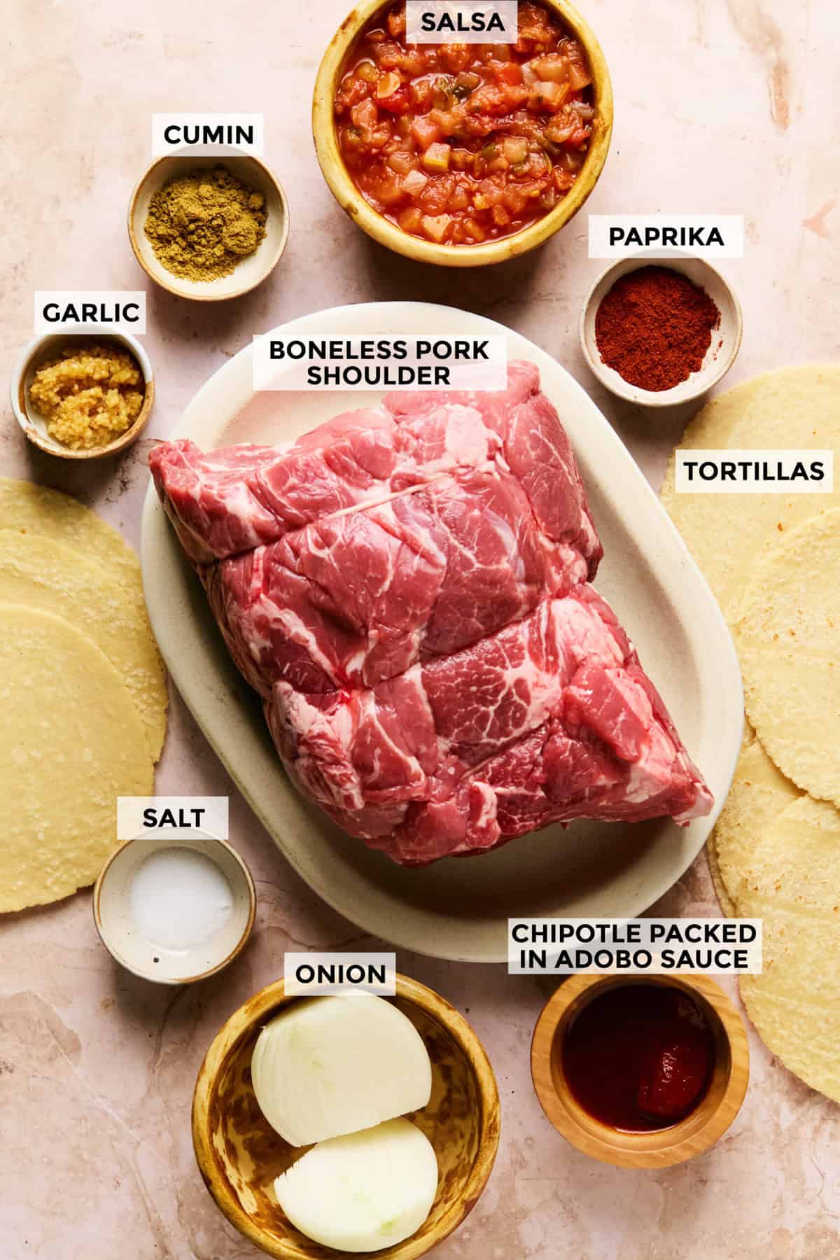 ingredients for pulled pork tacos in crockpot.