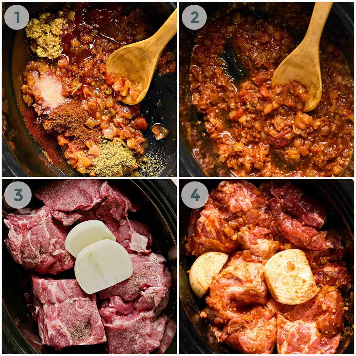 steps 1-4 for slow cooker pork tacos recipe.