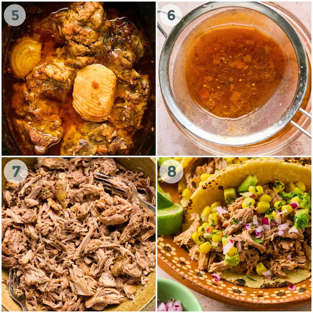 steps 5-8 for slow cooker pork tacos recipe.