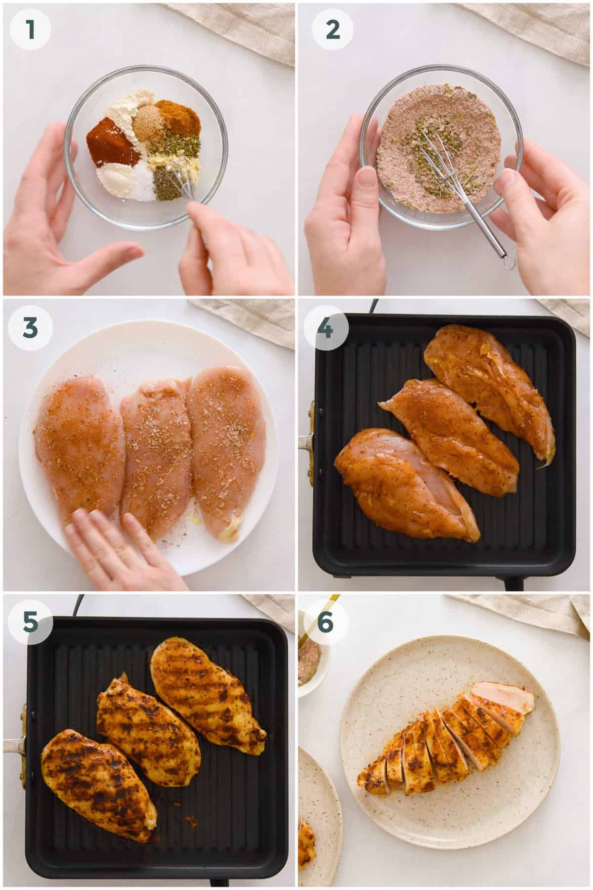 six steps of preparing dry rub for grilled chicken.