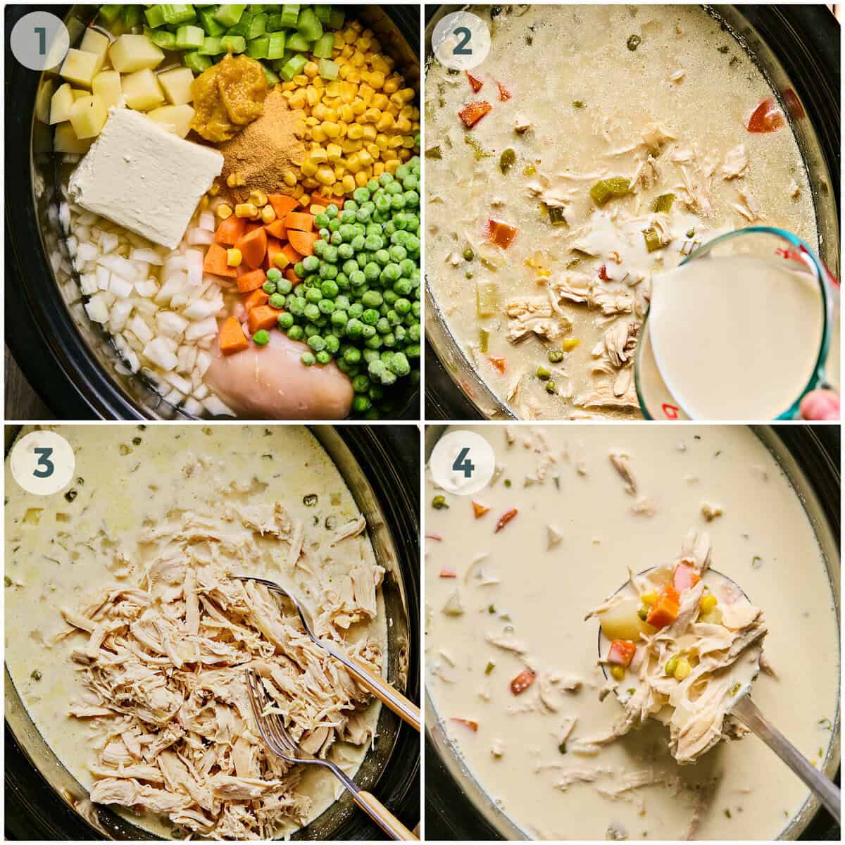 steps 1-4 for preparing chicken pot pie soup.