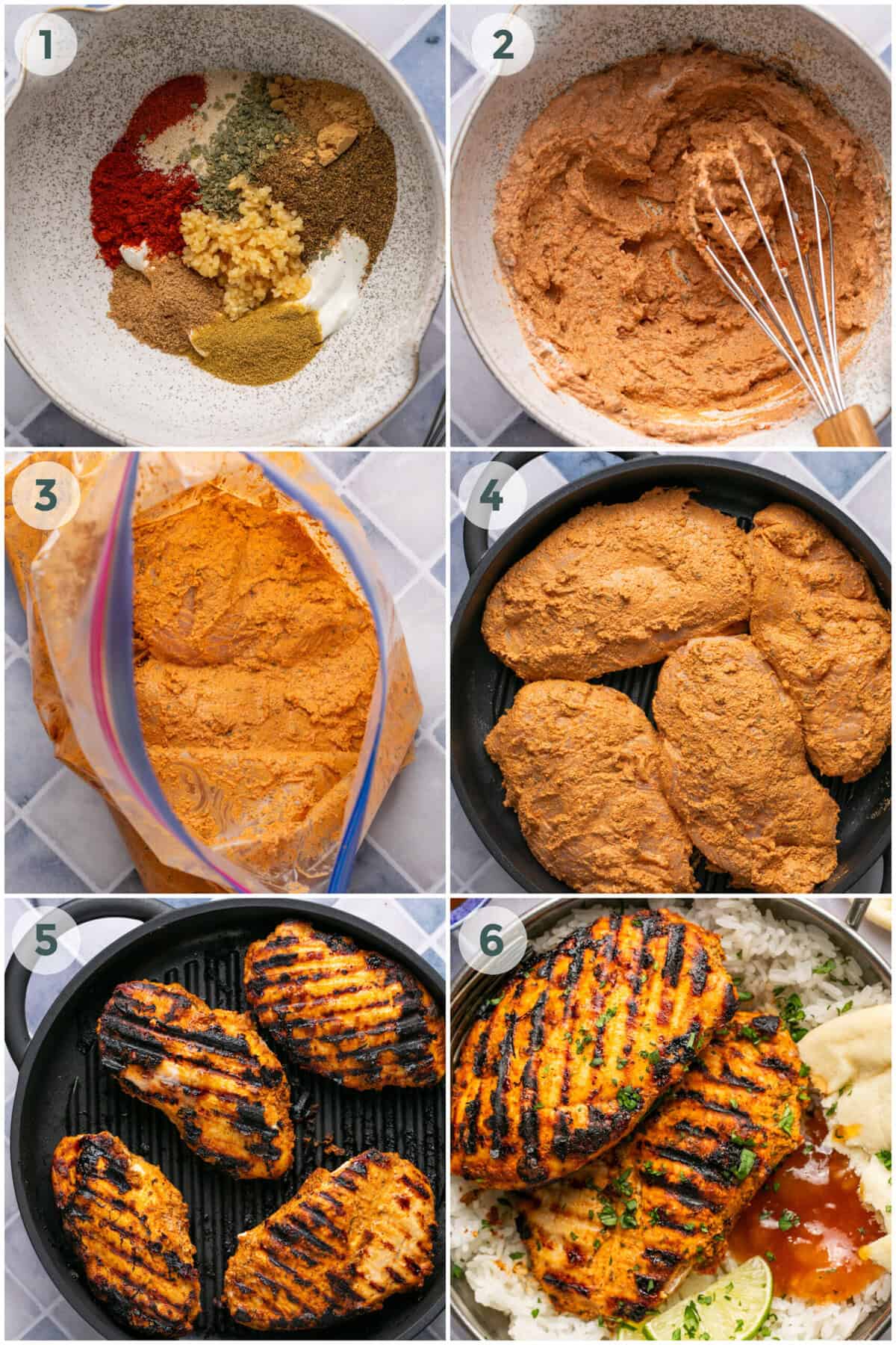 steps 1-6 for preparing grilled tandoori chicken recipe