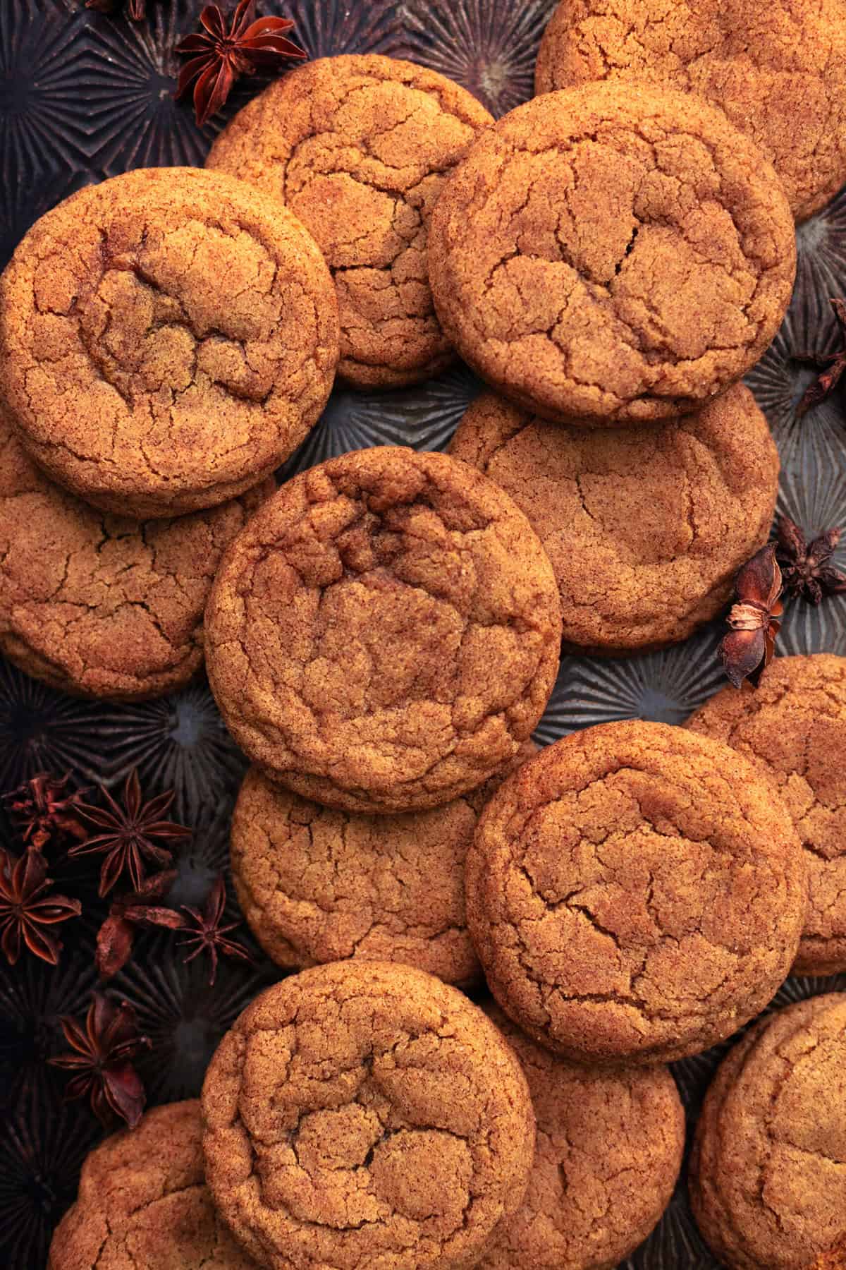 Top view of pumpkin molasses cookies on a tray.