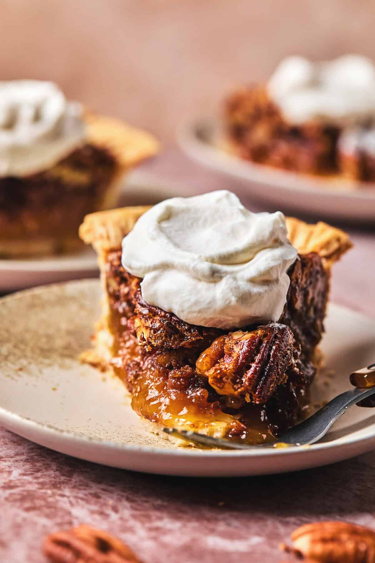 Close up of a piece of pecan pie with whipped cream and a fork on a plate. 
