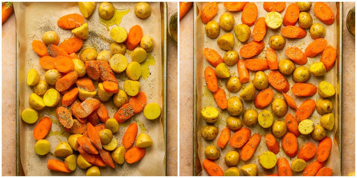 Steps 2-3 for prepping roasted potatoes and carrots in the oven.