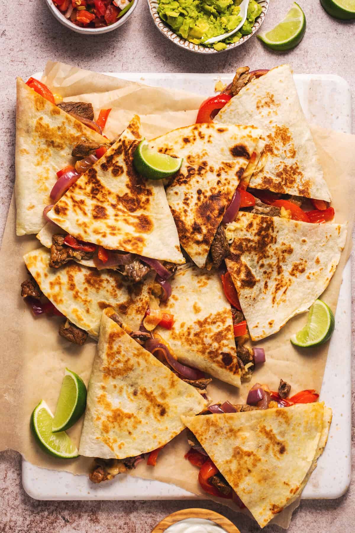 Overhead of steak quesadillas.