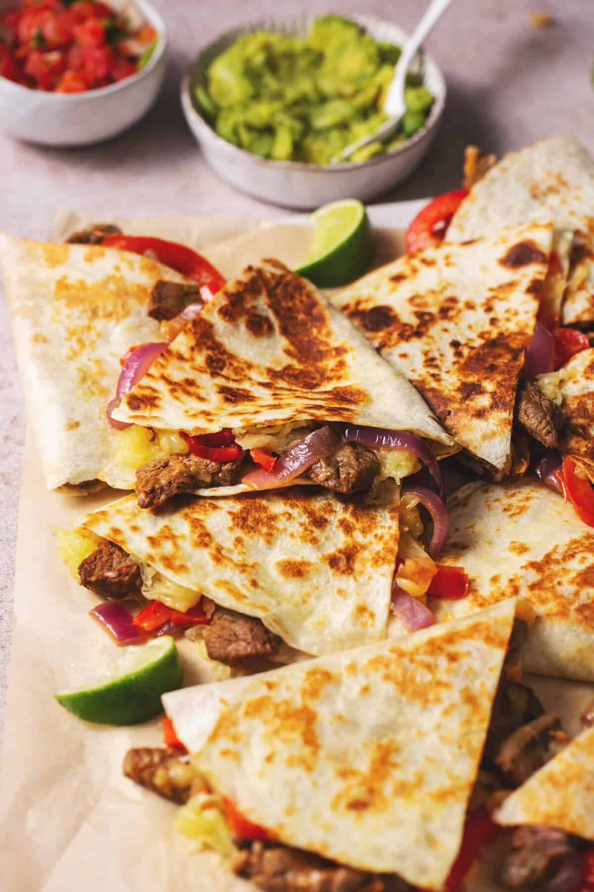 Close up of steak quesadillas.