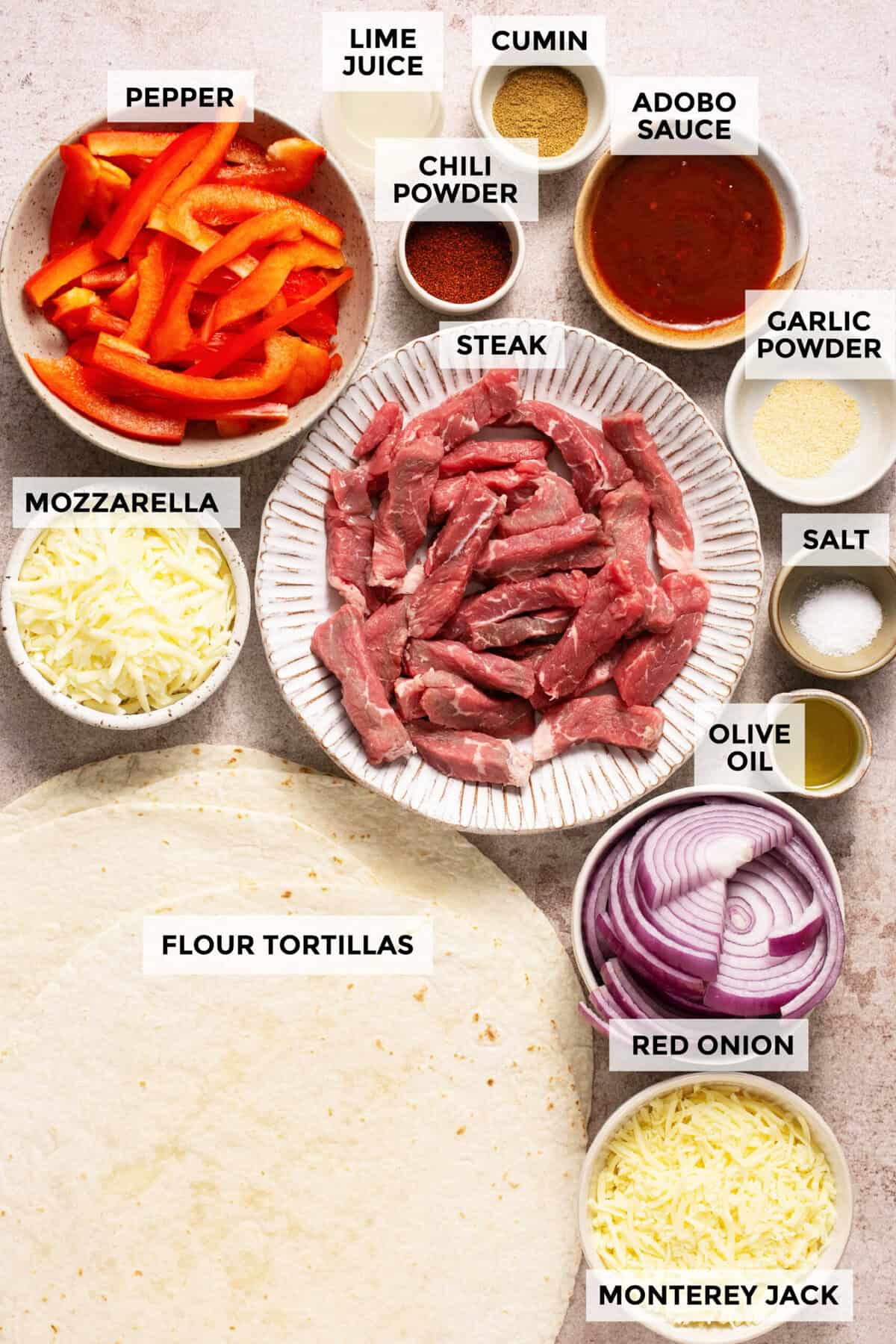Ingredients for steak quesadillas.