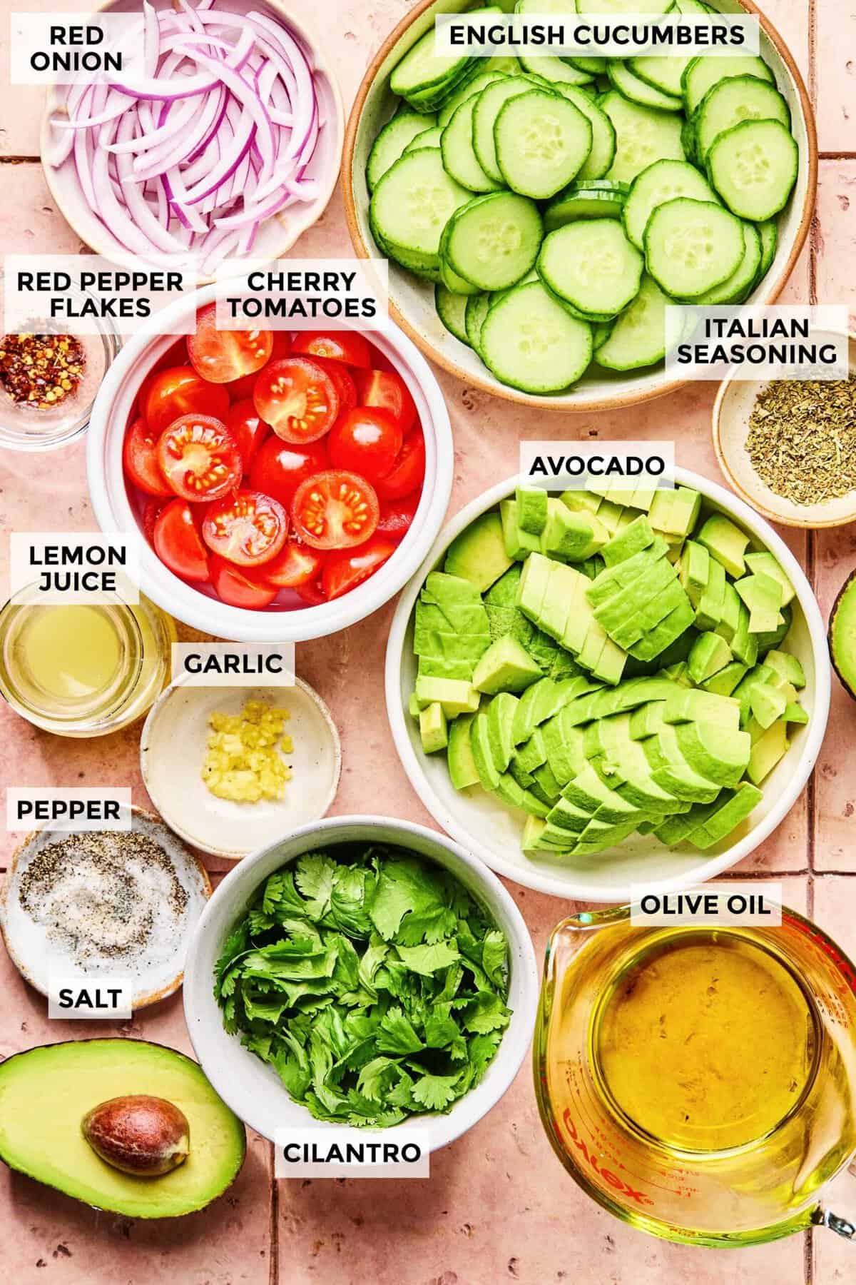 Ingredients for making avocado salad.