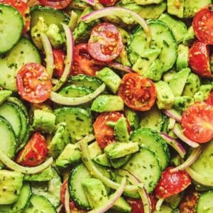 Overhead close up of avocado salad.