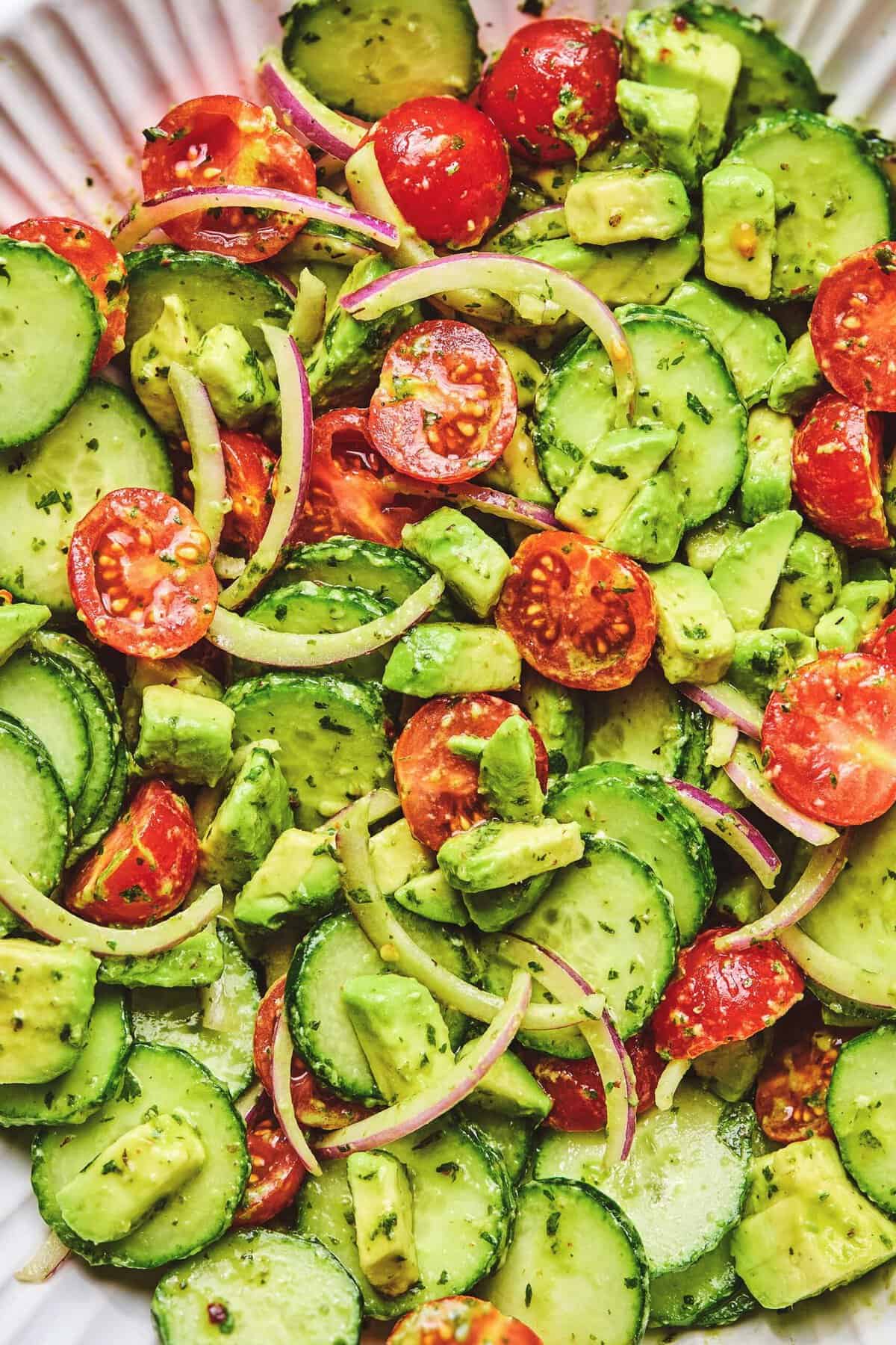 Overhead close up of avocado salad.