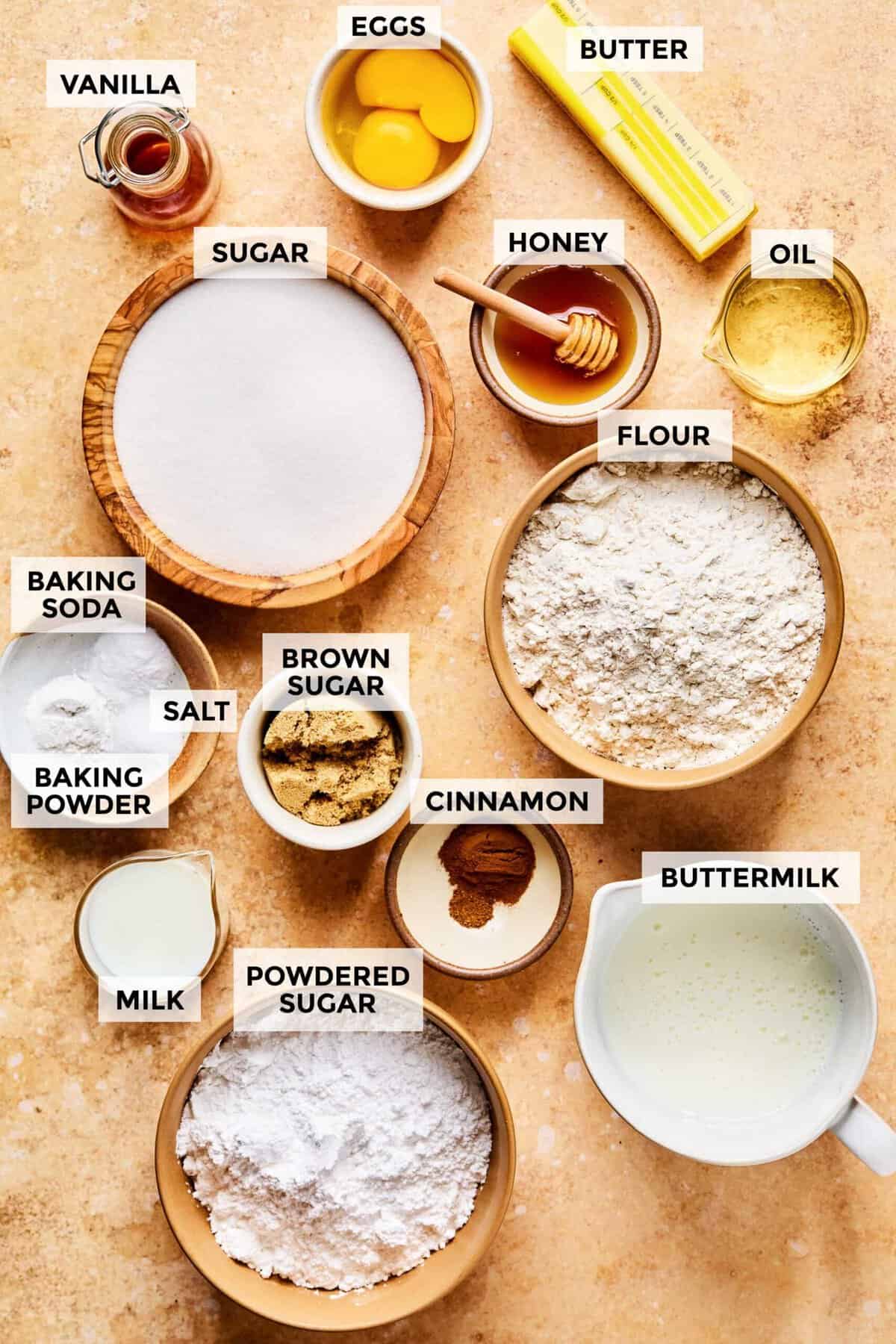 Ingredients for prepping honey bun cake.