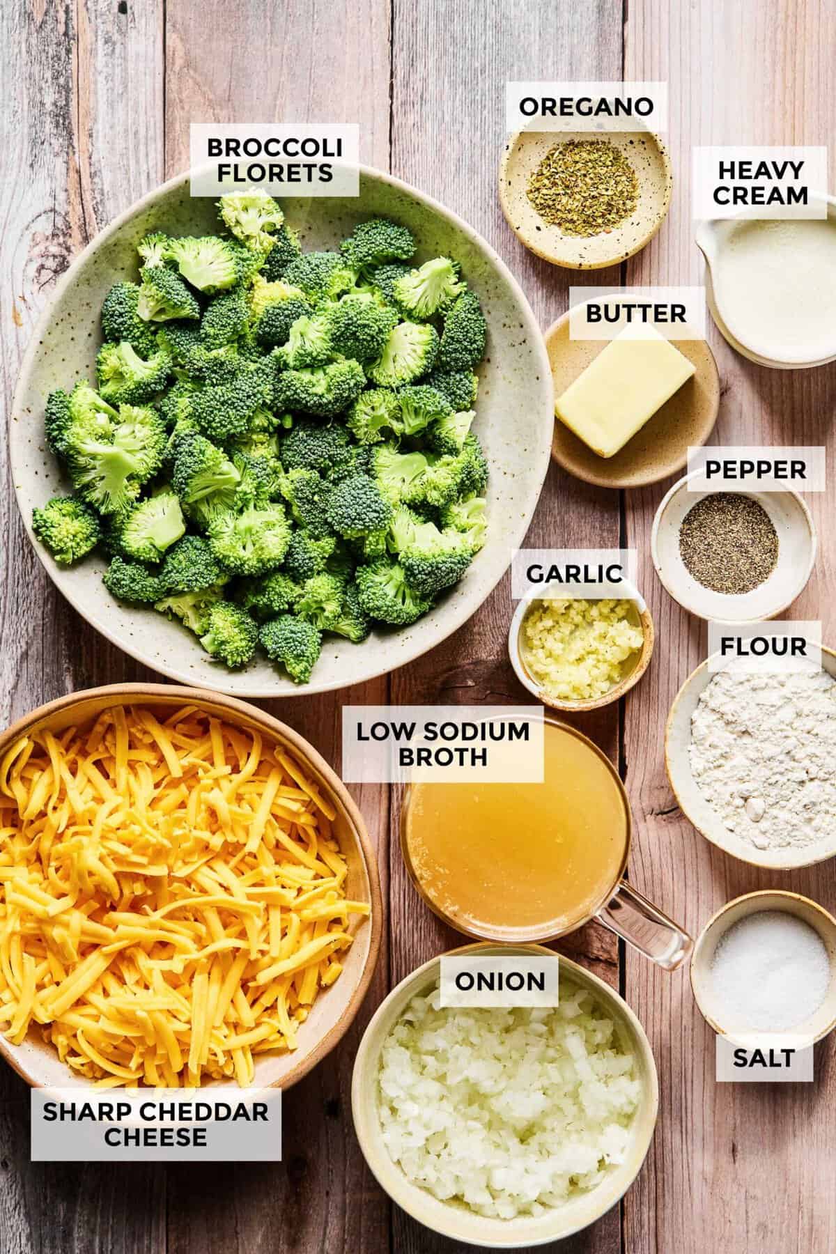 Ingredients for prepping slow cooker broccoli cheddar cheese soup.