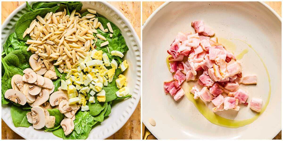 Steps 1-2 for prepping spinach salad with hot bacon dressing.