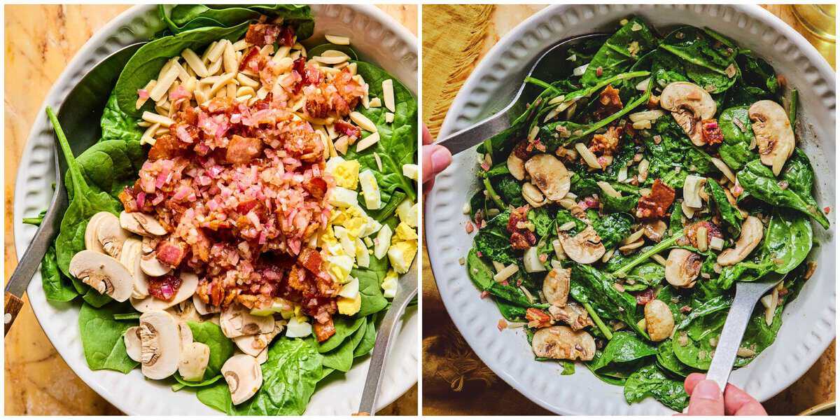 Step 5 for prepping spinach salad with hot bacon dressing.