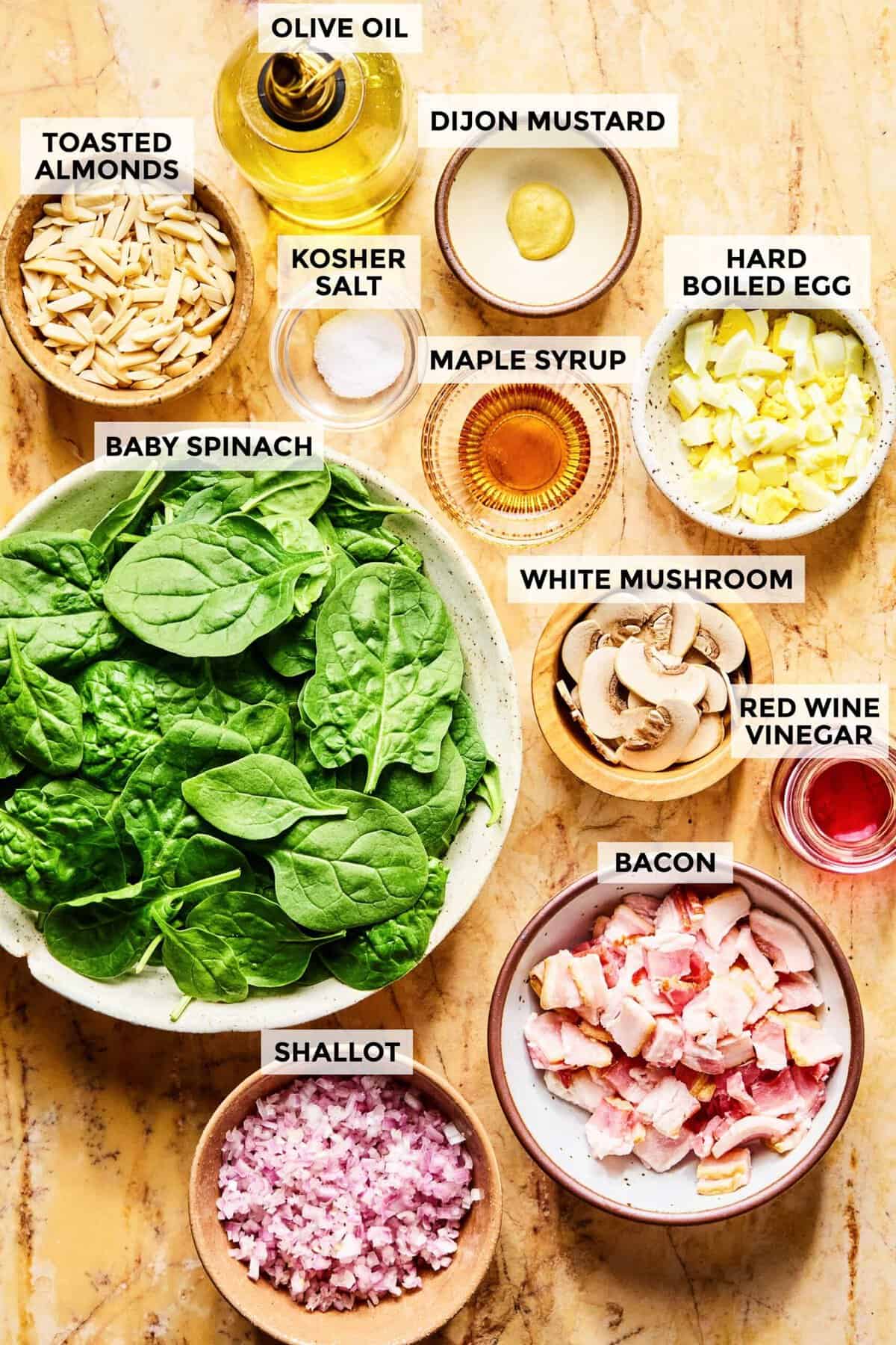 Ingredients for spinach salad with hot bacon dressing.