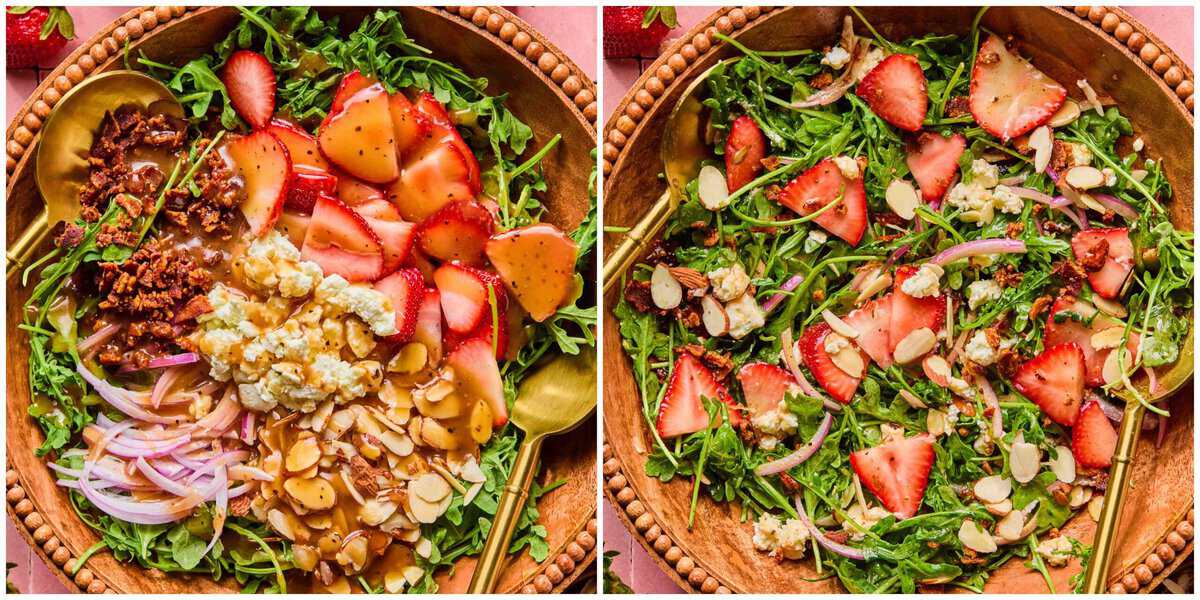 Steps 1-2 for prepping strawberry arugula salad,